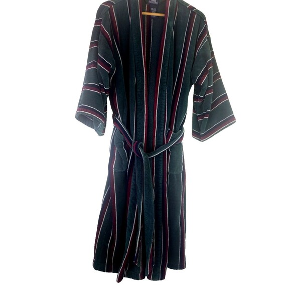 Vintage Stafford Bath Robe OS Mens Green Striped Thick Terry Cloth Belted Cotton - Picture 1 of 13